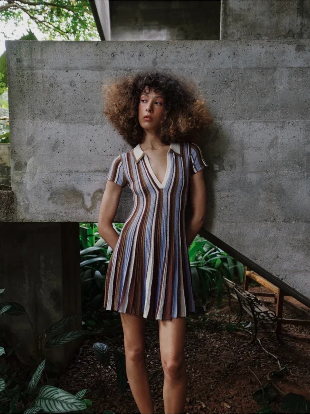 Zara Striped V-Neck Mini Dress in Brown, Cream & Blue